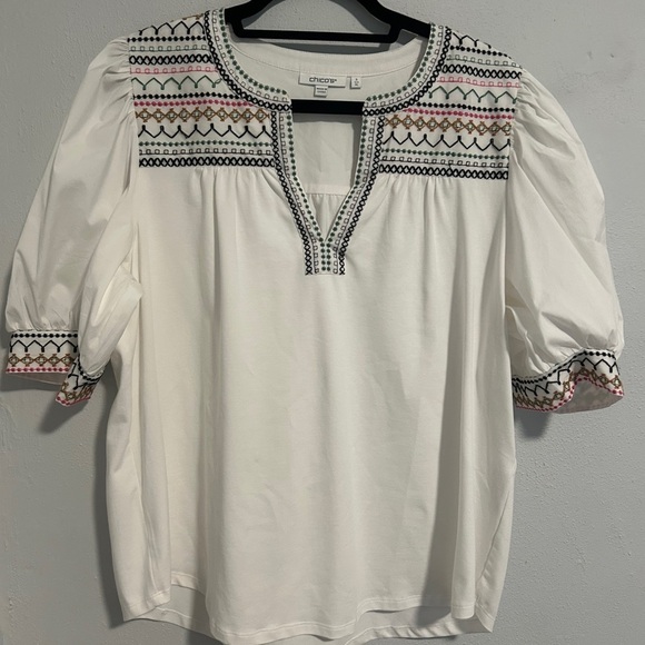 Chico's White Embroidered Puff Sleeve Blouse - Picture 3 of 5